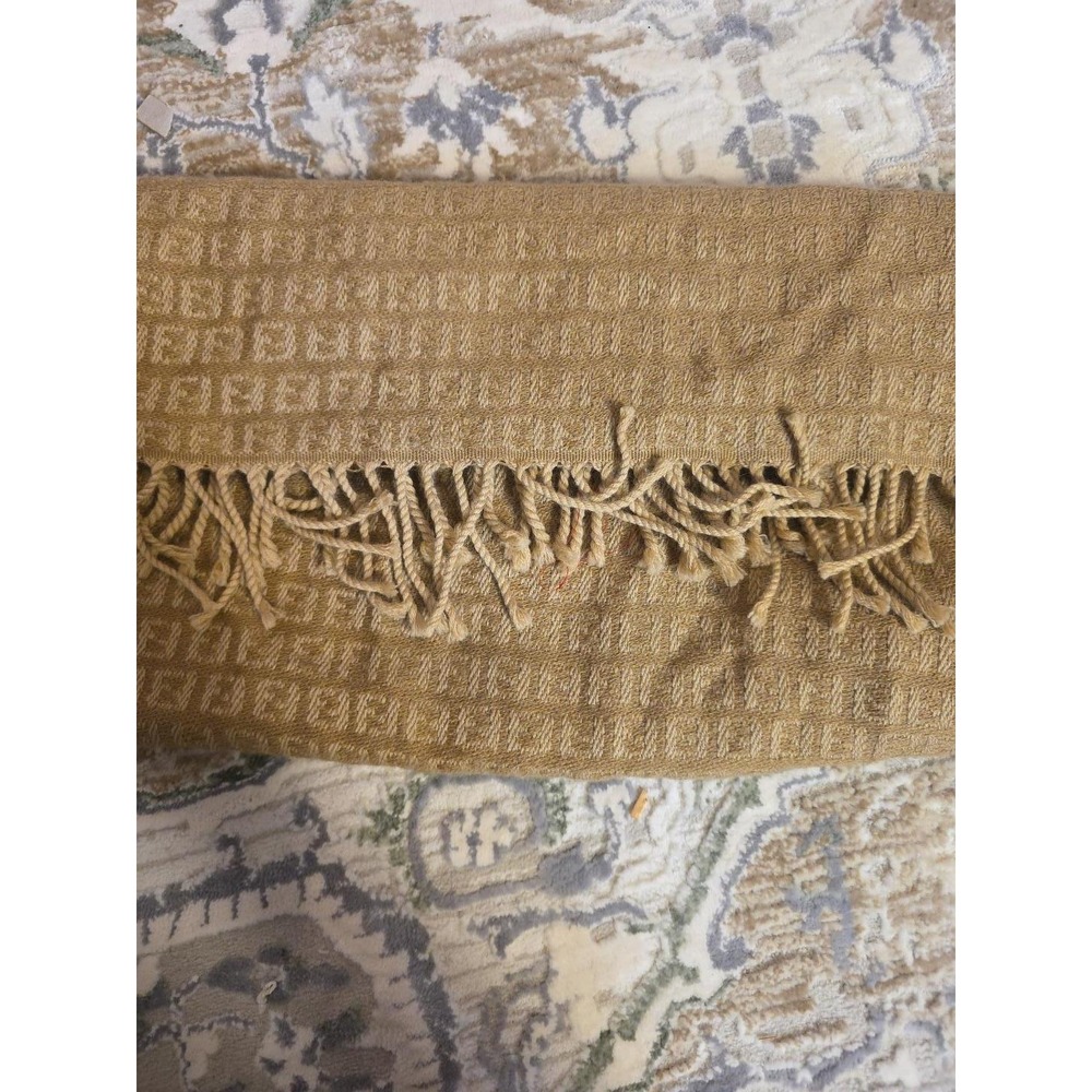 Fendi Zucca Monogram Scarf Tan Beige FF Logo Fringe Trim Rectangle Luxury Scarf - Picture 5 of 16